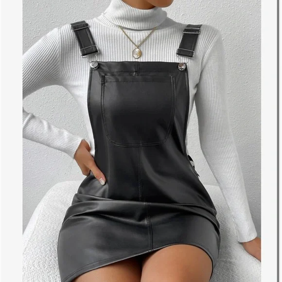 Faux Leather Overall Dress in Black Size: Small